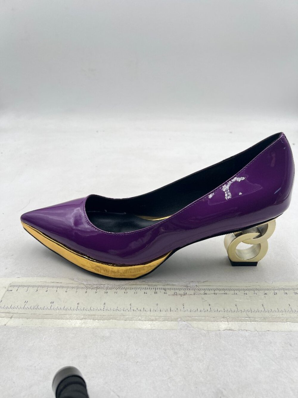 FSJ Purple Gold Chain Chunky Heel Pumps Pointed Toe Slip On High Heel Shoes